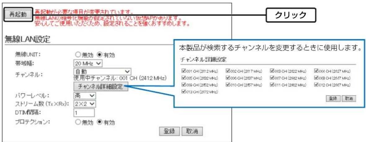 再起動 無線LANの信号化機能が設定されていない配信APがあります。 安心してご使用いただくため、設定されることを強くおすすめします。 無線LAN設定 無線UNIT: ○無効 ●有効 帯域幅: 20 MHz チャンネル: 自動 使用中チャンネル: 001 CH (2412 MHz) チャンネル詳細設定 パワーレベル: 高 ストリーム数 (Tx×Rx): 2×2 DTIM間隔: 1 プロテクション: ○無効 ●有効 本製品が検索するチャンネルを変更するときに使用します。 チャンネル詳細設定 ☑ 001 CH (2412 MHz) ☑ 002 CH (2417 MHz) ☑ 003 CH (2422 MHz) ☑ 004 CH (2427 MHz) ☑ 005 CH (2432 MHz) ☑ 006 CH (2437 MHz) ☑ 007 CH (2442 MHz) ☑ 008 CH (2447 MHz) ☑ 009 CH (2452 MHz) ☑ 010 CH (2457 MHz) ☑ 011 CH (2462 MHz) ☑ 012 CH (2467 MHz) ☑ 013 CH (2472 MHz) 登録 取消 登録 取消
