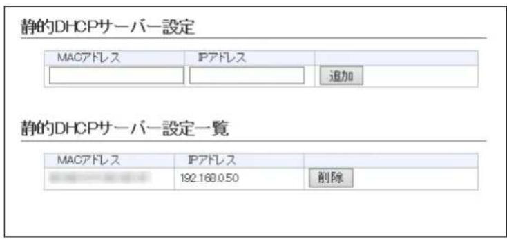 静的DHCPサーバー設定 MACアドレス IPアドレス 追加 静的DHCPサーバー設定一覧 MACアドレス IPアドレス 192.168.050 削除