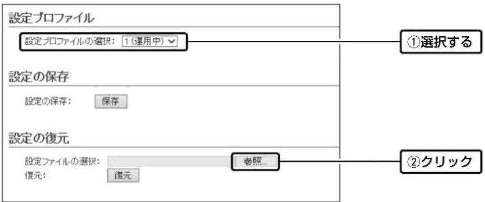 設定プロファイル 設定プロファイルの選択: 1(運用中)▼ ①選択する 設定の保存 設定の保存: 保存 設定の復元 設定ファイルの選択: 復元: 復元 参照 ②クリック