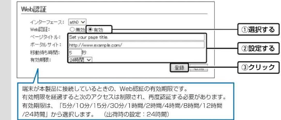 Web認証 インターフェース: ath0 Web認証: ○無効 有効 ページタイトル: Set your page title. ポータルサイト: http://www.example.com/ 移動待ち時間: 5 秒 有効期限: 24時間 ①選択する ②設定する ③クリック 端末が本製品に接続しているときの、Web認証の有効期限です。 有効期限を経過すると次のアクセスは制限され、再度認証する必要があります。 有効期限は、「5分/10分/15分/30分/1時間/2時間/4時間/8時間/12時間/24時間」から選択します。（出荷時の設定：24時間）