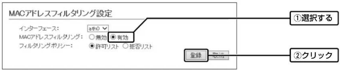 MACアドレスフィルタリング設定 インターフェース: ath0 MACアドレスフィルタリング: ○無効 ●有効 フィルタリングポリシー: ●許可リスト ○拒否リスト ①選択する 登録 ②クリック