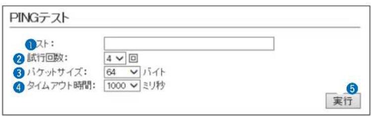 PINGテスト ①スト: ②試行回数: 4 ▼ 回 ③パケットサイズ: 64 ▼ パイト ④タイムアウト時間: 1000 ▼ ミリ秒 実行