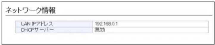 ネットワーク情報 LAN IPアドレス 192.168.0.1 DHOPサーバー 無効