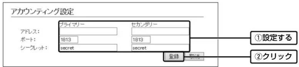 アカウンティング設定 アドレス: ポート: シーケット: プライマリー 1813 secret セカンダリー 1813 secret 登録 ①設定する ②クリック