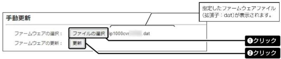 手動更新 指定したファームウェアファイル (拡張子:dat)が表示されます。 ファームウェアの選択: ファイルの選択 ip1000cvr dat ファームウェアの更新: 更新 ①クリック ②クリック
