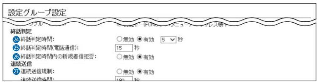 設定グループ設定 終話判定 24 終話判定時間: 25 終話判定時間(電話通信): 26 終話判定時間内の新規着信拒否: 連続送信 27 連続送信規制: 連続送信時間: ○無効 ●有効 5 ▼秒 15 秒 ○無効 ●有効 ○無効 ●有効 100 秒