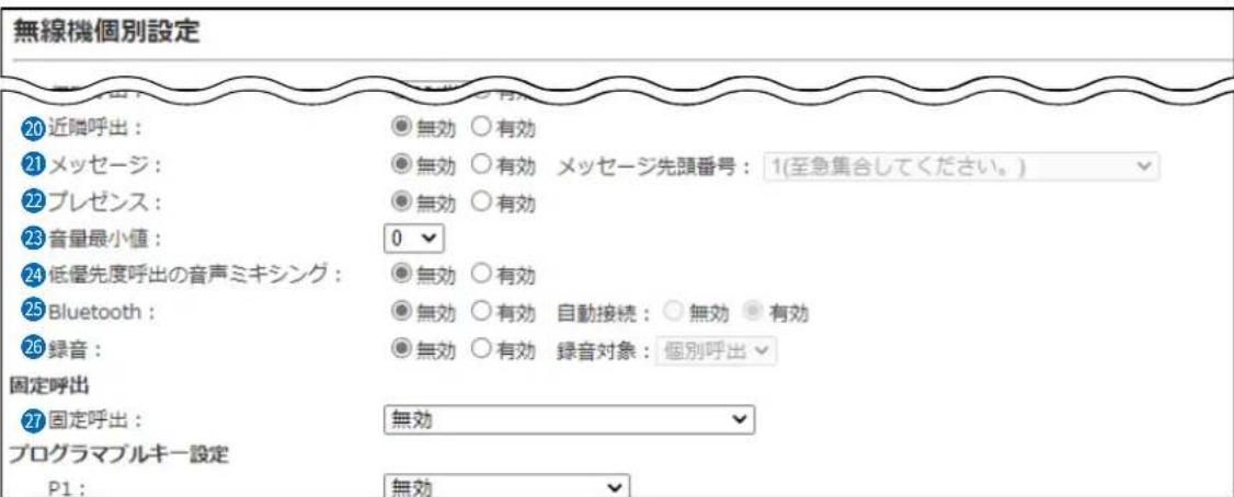 無線機個別設定 20 近隣呼出: 21 メッセージ: ⑨ 無効 ○有効 22 プレゼンス: ⑩ 無効 ○有効 23 音量最小値: 0 24 低優先度呼出の音声ミキシング: ⑪ 無効 ○有効 25 Bluetooth: ⑫ 無効 ○有効 自動接続: ○無効 ●有効 26 緑音: ⑬ 無効 ○有効 緑音対象:個別呼出 固定呼出 27 固定呼出: 無効 プログラマブルキー設定 P1: 無効