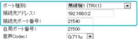 ポート種別: 無線機1 (TRX1) 接続先アドレス: 192.168.0.2 接続先ポート番号: 21540 自局ポート番号: 21500 音声Codec: G.711u