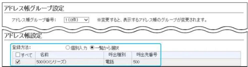 アドレス帳グループ設定 アドレス帳グループ番号: 1(0件) ▼ ※変更すると、表示するアドレス帳のグループが変更されます。 アドレス帳設定 登録方法: ○個別入力 ●一覧から選択 □すべて 名前 呼出種別 呼出先番号 ☑ 500(KXシリーズ) 電話 500