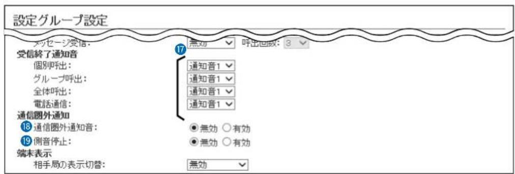 設定グループ設定 メッセージ受信: 受信終了通知音 個別呼出: グループ呼出: 全体呼出: 電話通信: 通信圏外通知 18 通信圏外通知音: 19 側音停止: 端末表示 相手局の表示切替: 無効 呼出回数: 3 17 通知音1 通知音1 通知音1 通知音1 ● 無効 ○ 有効 ● 無効 ○ 有効 無効