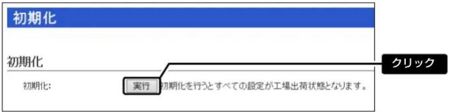 初期化 初期化 初期化: 実行 初期化を行うとすべての設定が工場出荷状態となります。 クリック