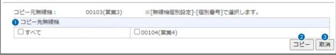 コピー元無線機： 00103(営業3) ※[無線機個別設定]-[個別番号]で選択します。 ① コピー先無線機 □すべて □00104(営業4) コピー 取消