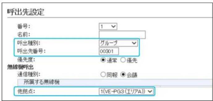 呼出先設定 番号: 1 名前: 呼出種別: グループ 呼出先番号: 00301 優先度: ○通常 ○優先 無線機呼出 通信種別: ○同報 ●会議 所属する無線機 他拠点: 1(VE-PG3(エリア))