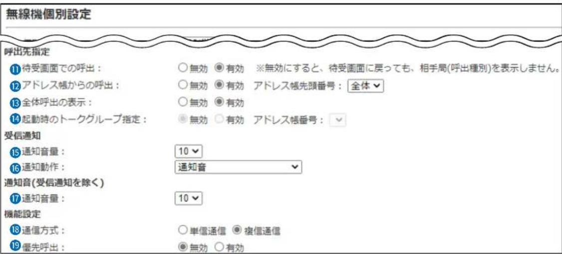 無線機個別設定 呼出先指定 ⑪ 待受画面での呼出: ○無効 ●有効 ※無効にすると、待受画面に戻っても、相手局(呼出種別)を表示しません。 ⑫ アドレス帳からの呼出: ○無効 ●有効 アドレス帳先頭番号: 全体 ⑬ 全体呼出の表示: ○無効 ●有効 ⑭ 起動時のトークグループ指定: ●無効 ○有効 アドレス帳番号: 受信通知 ⑮ 通知音量: 10 ⑯ 通知動作: 通知音 通知音(受信通知を除く) ⑰ 通知音量: 10 機能設定 ⑱ 通信方式: ○単信通信 ●複信通信 ⑲ 優先呼出: ●無効 ○有効