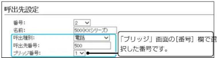 呼出先設定 番号: 2 名前: 500(KXシリーズ) 呼出種別: 電話 呼出先番号: 500 ブリッジ番号: 1 「ブリッジ」画面の[番号] 欄で選択した番号です。