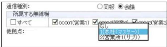 通信種別: ○同報 ●会議 所属する無線機 □すべて ✓00001(営業1) ✓00002(営業3) なし 1(本社(マスター)) 2(営業所1(サブ))