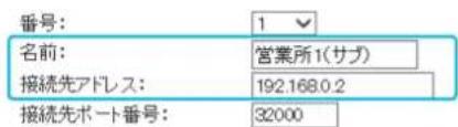番号: 1 名前: 営業所1(サブ) 接続先アドレス: 192.168.0.2 接続先ポート番号: 32000