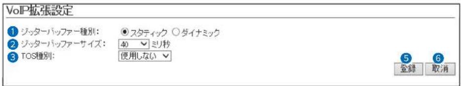 VoIP拡張設定 ① ジッターバッファー種別: ● スタティック ○ ダイナミック ② ジッターバッファーサイズ: 40 ▼ ミリ秒 ③ TOS種別: 使用しない ▼ 5 6 登録 取消
