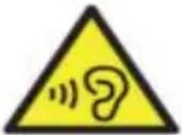 Yellow triangular warning sign with a black-and-white icon of a human ear and sound waves
