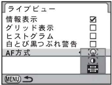 ライブビュー 情報表示 グリッド表示 ヒストグラム 白とび黒つぶれ警告 AF方式 MENU