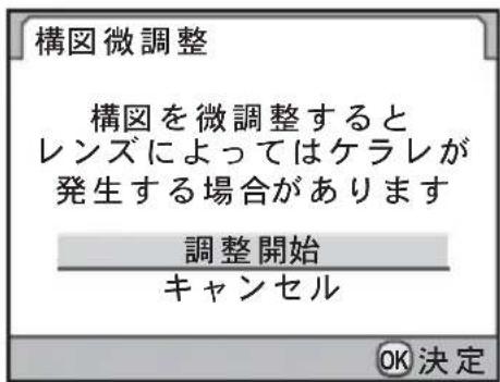 構図微調整 構図を微調整すると レンズによってはケラレが 発生する場合があります 調整開始 キャンセル OK決定
