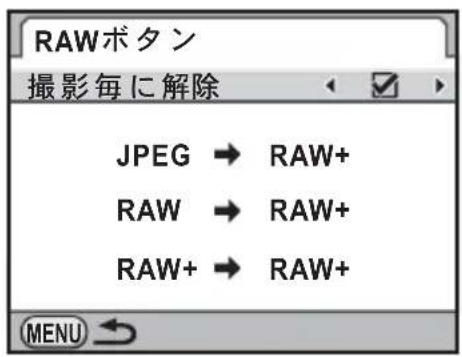 RAWボタン 撮影毎に解除 JPEG → RAW+ RAW → RAW+ RAW+ → RAW+ MENU