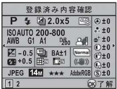 登録済み内容確認 P 2.0x5 ISO AUTO 200-800 AWB G1 A1 D8 -0.5 WB BA±1 Normal +0.5 ON ON JPEG 14M ★★★ AdobeRGB S ±0 1 2 OK 了解