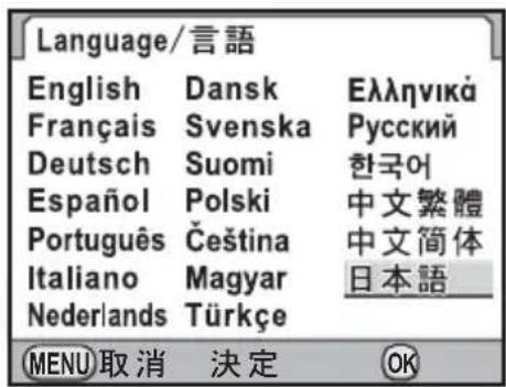 Language/言語 English Dansk Ελληνικά Français Svenska Русский Deutsch Suomi 한국어 Español Polski 中文繁體 Português Čeština 中文简体 Italiano Magyar 日本語 Nederlands Türkçe MENU取消 決定 OK