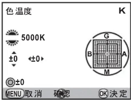 色温度 5000K ±0 ←±0 ±0 MENU 取消 确認 OK决定