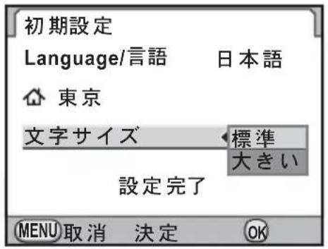 初期設定 Language/言語 日本語 東京 文字サイズ 標準 大きい 設定完了 MENU取消 決定 OK