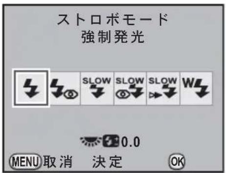 ストロボモード 強制発光 SLOW SLOW SLOW W 0.0 MENU 取消 決定 OK