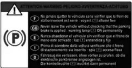 ATTENTION-WARNING-PELIGRAO-AVVERTENZA-KCHTUNG No jamais quitter le véhicule sans vérifier que le freun do stationnement est seme - voyant ( ) allamà fine Never leave the vehicle without checking that the parking brake is applied : waving lamp ( ) ON permanently Nunca abandonar el vehículo sin vericlar que el frano de mano este activado : luz ( ) encendida y fija Prima di scendere dalla vettura verificare che il freno di stazonamento sia inserito - spa ( ) accesa fissa Fahrzeug die verlassen, ohne vorher zu prufen, ob die elektrische parkbrumse angezogen ist. Die kontelleuchte ( ) leuchtet dann permanent