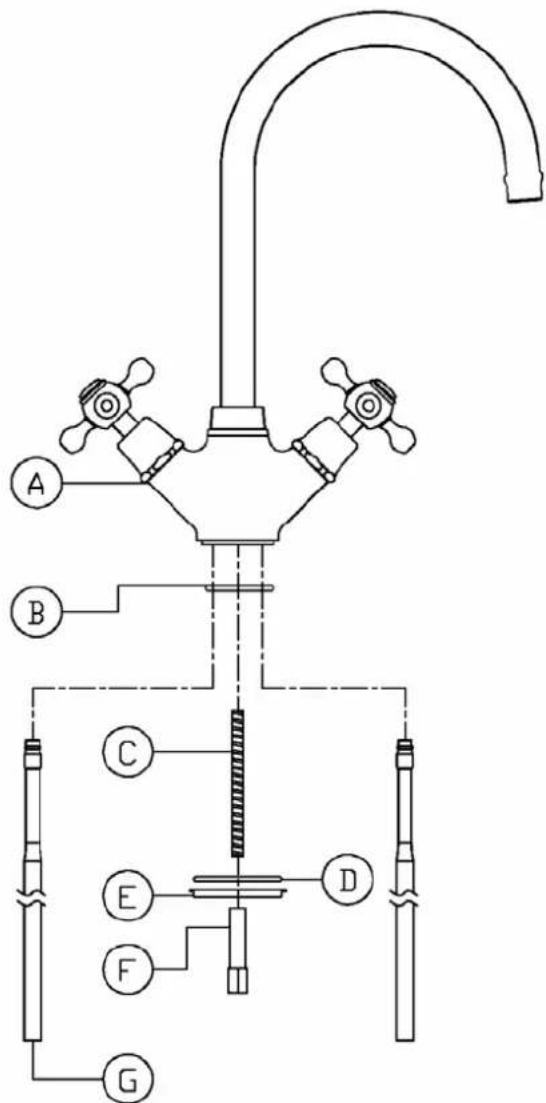 Technical diagram of a laboratory apparatus with labeled components A through G, including a central funnel and tubing.