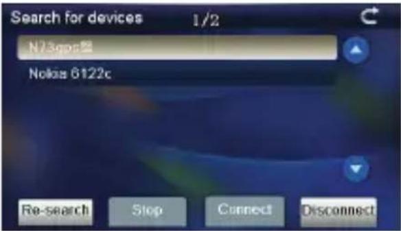 Search for devices 1/2 N73gps Nokia 6122c Re-search Stop Connect Disconnect