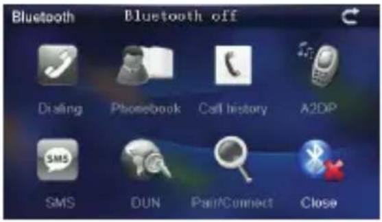 Bluetooth Bluetooth off Drafting Phonebook Call history A2DP SMS DUN Pair/Connect Close