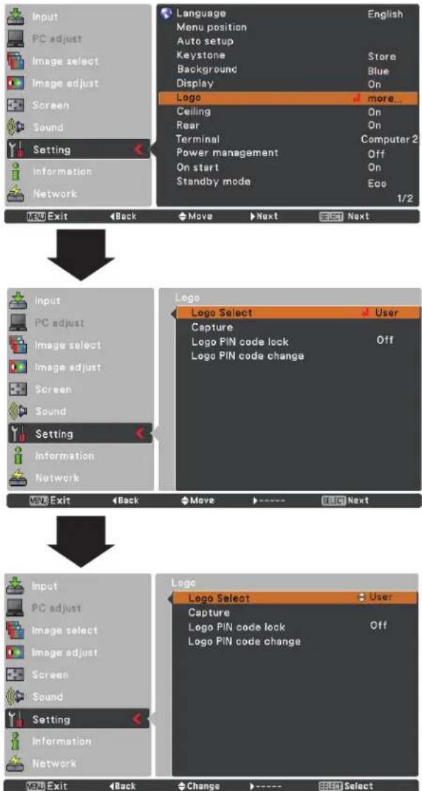 Language Menu position Auto setup Keystone Store Background Display On Logo more... Ceiling On Rear On Terminal Computer 2 Power management Off On start On Standby mode Eco 1/2 NEW Exit Back Move Next Next Input PC adjust Image select Image adjust Screen Sound Setting Information Network New Exit Back Move Next Input PC adjust Image select Image adjust Screen Sound Setting Information Network New Exit Back Move Next Input PC adjust Image select Image adjust Screen Sound Setting Information Network New Exit Back Change Select