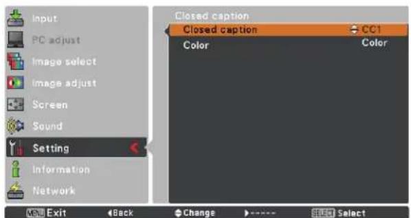 Input PC adjust Image select Image adjust Screen Sound Setting Information Network Closed caption Closed caption CC1 Color Color NEW Exit Back Change ►---- STU Select