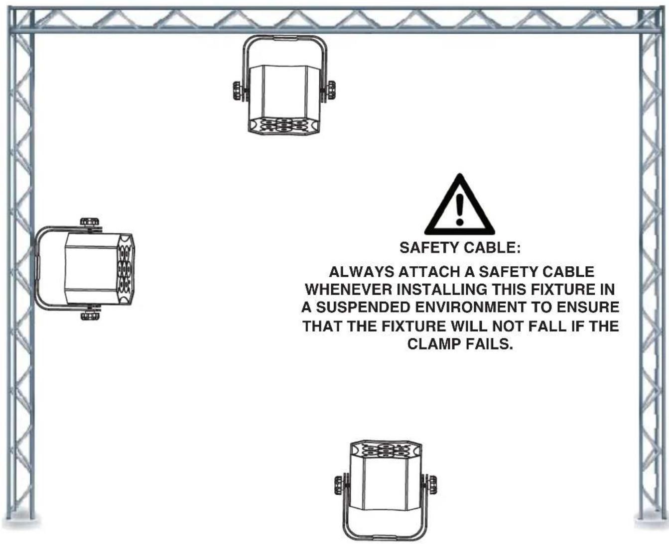 SAFETY CABLE: ALWAYS ATTACH A SAFETY CABLE WHENEVER INSTALLING THIS FIXTURE IN A SUSPENDED ENVIRONMENT TO ENSURE THAT THE FIXTURE WILL NOT FALL IF THE CLAMP FAILS.