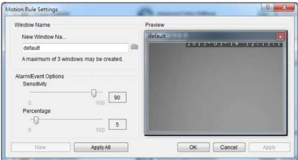 Motion Rule Settings Window Name New Window Na... default A maximum of 3 windows may be created. Alarm/Event Options Sensitivity 90 Percentage 5 Preview default 2013-03-14 12.13.1 New Apply All OK Cancel Apply
