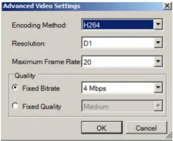 Advanced Video Settings Encoding Method: H264 Resolution: D1 Maximum Frame Rate: 20 Quality ● Fixed Bitrate 4 Mbps ○ Fixed Quality Medium OK Cancel