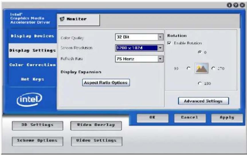 Intel® Graphics Media Accelerator Driver Monitor Display Devices Color Quality 32 Bit Screen Resolution 1200 x 1024 Refresh Rate 75 Hertz Display Settings Color Correction Hot Keys intel Display Expansion Aspect Ratio Options Rotation Enable Rotation 90 ° C 270 ° C 180 Advanced Settings OK Cancel Apply 3D Settings Video Overlay Scheme Options Video Settings