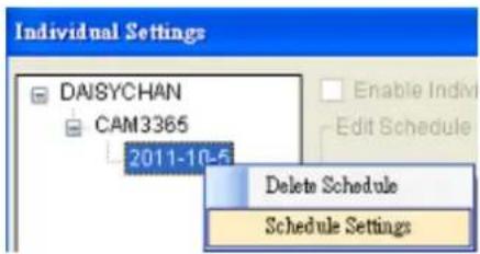 Individual Settings DAISYCHAN CAM3365 2011-10-5 Enable Indiv Edit Schedule Delete Schedule Schedule Settings