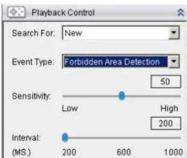 Playback Control Search For: New Event Type: Forbidden Area Detection 50 Sensitivity: Low High 200 Interval: (MS.) 200 600 1000