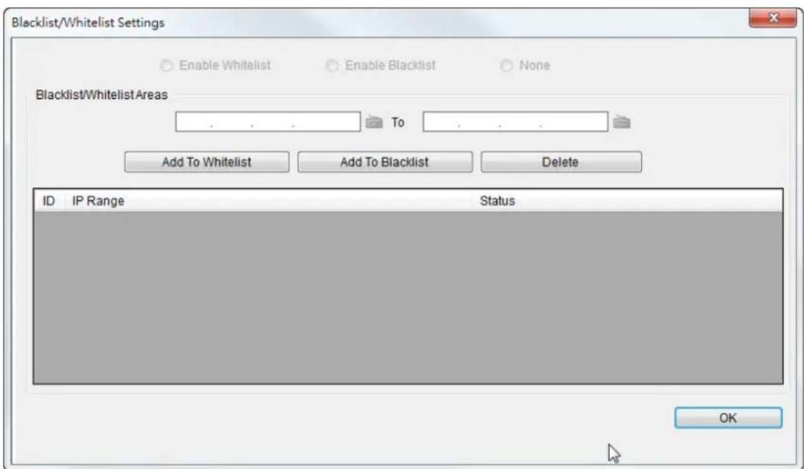 Blacklist/Whitelist Settings Enable Whitelist Enable Blacklist None Blacklist/Whitelist Areas To Add To Whitelist Add To Blacklist Delete ID IP Range Status OK