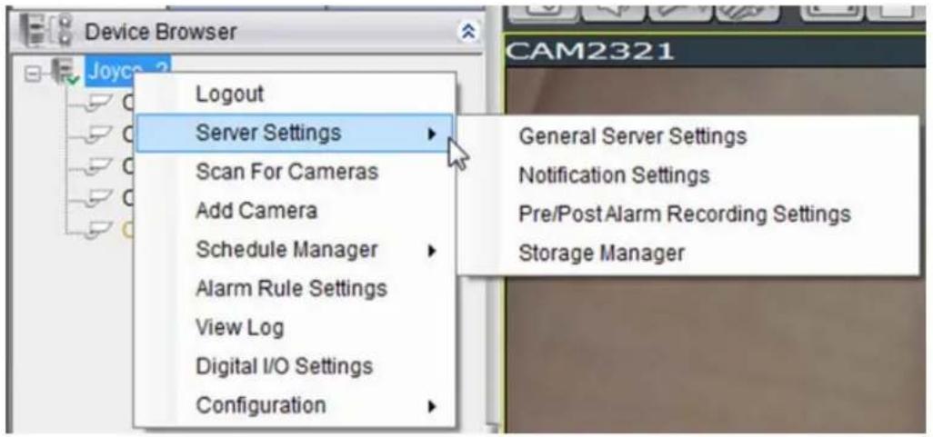 Device Browser Joyce 2 Logout Server Settings Scan For Cameras Add Camera Schedule Manager Alarm Rule Settings View Log Digital I/O Settings Configuration CAM2321 General Server Settings Notification Settings Pre/Post Alarm Recording Settings Storage Manager