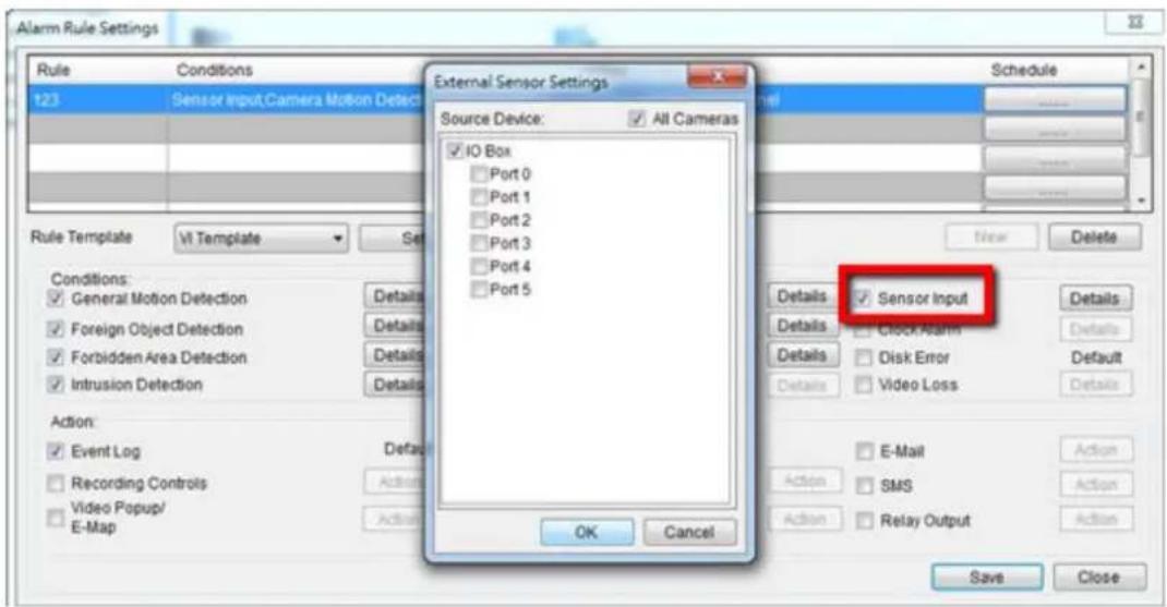 Alarm Rule Settings Rule Conditions 123 Sensor Input,Camera Motion Detect External Sensor Settings Source Device: All Cameras IO Box Port 0 Port 1 Port 2 Port 3 Port 4 Port 5 Details Sensor Input Details Clock Alarm Details Disk Error Details Video Loss Action: Event Log Default Recording Controls Active Video Popup/ E-Map Active OK Cancel Schedule New Delete Details Details Clock Alarm Details Disk Error Details Video Loss E-Mail Action SMS Action Relay Output Action Save Close