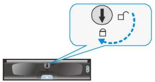 Diagram showing a lock mechanism with directional arrows and a dashed arrow indicating rotation or movement, alongside a close-up of the lock panel.