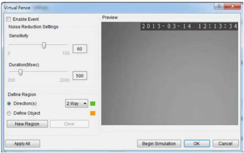 Virtual Fence Enable Event Noise Reduction Settings Sensitivity 0 100 60 Duration(Msec) 200 2000 500 Define Region Direction(s) 2 Way Define Object New Region Clear Preview 2 0 1 3 - 0 3 - 1 4 1 2 : 1 3 : 3 4 Begin Simulation OK Cancel Apply All