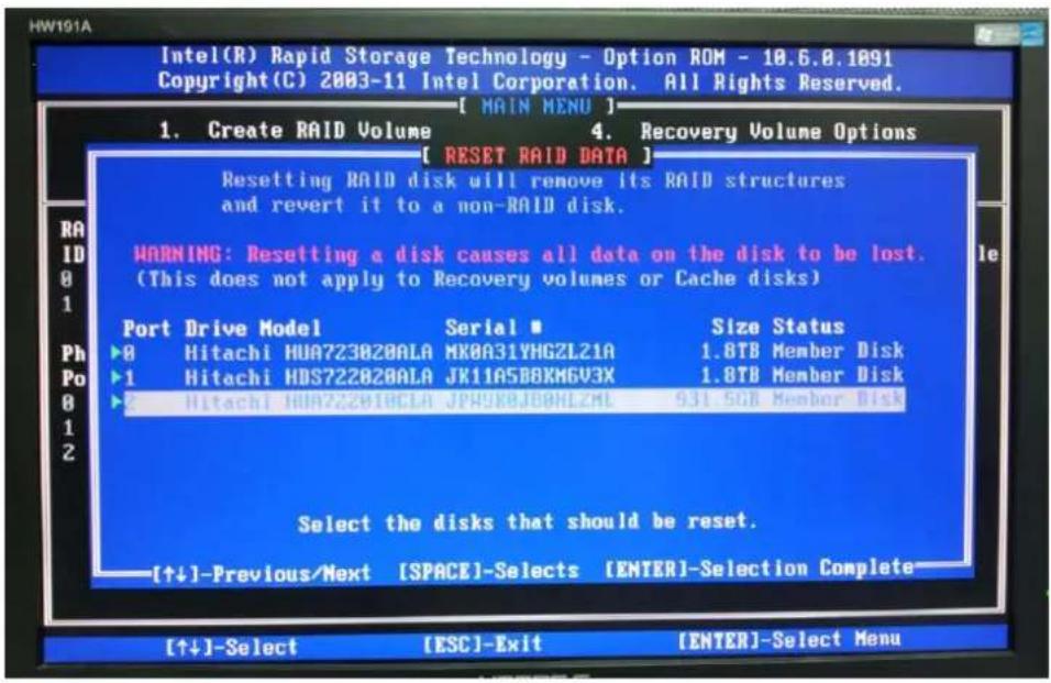 HW191A Intel(R) Rapid Storage Technology - Option ROM - 10.6.0.1091 Copyright(C) 2003-11 Intel Corporation. All Rights Reserved. [ MAIN MENU ] 1. Create RAID Volume [ RESET RAID DATA ] Resetting RAID disk will remove its RAID structures and revert it to a non-RAID disk. WARNING: Resetting a disk causes all data on the disk to be lost. (This does not apply to Recovery volumes or Cache disks) Port Drive Model Serial ■ Size Status ▶0 Hitachi HUA723820ALA MX0A31YHGZL21A 1.8TB Member Disk ▶1 Hitachi HDS722820ALA JK11A5BBXMGV3X 1.8TB Member Disk ▶2 Hitachi HUA722818CLA JP49KBJDBKLZML 9.31.5GB Member Disk Select the disks that should be reset. [↑↓]-Previous/Next [SPACK]-Selects [ENTER]-Selection Complete [↑↓]-Select [ESC]-Exit [ENTER]-Select Menu