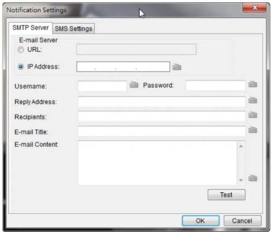 Notification Settings SMTP Server SMS Settings E-mail Server URL: IP Address: . Username: Password: Reply Address: Recipients: E-mail Title: E-mail Content: Test OK Cancel